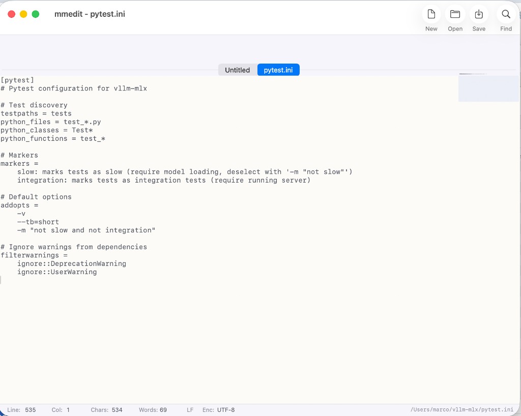 MMedit window editing pytest.ini: document tabs, toolbar, status bar showing UTF-8 and LF